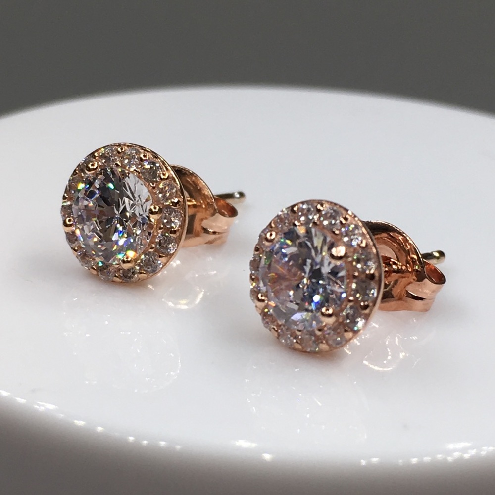 18k rose gold halo diamond stud earrings 1.25 ct - Picture 2 of 8